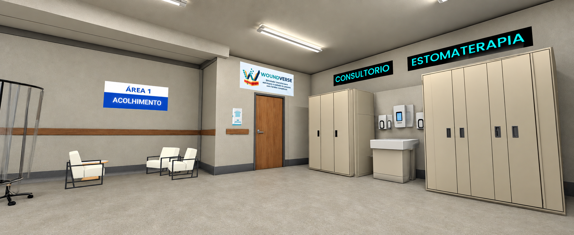 Sala virtual do Woundverse, com leitos de atendimento, armários e uma assistente virtual.